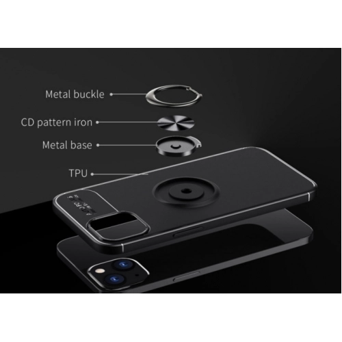 Apple iPhone 13 (6.1) Kılıf Renkli Silikon Yüzüklü Standlı Auto Focus Ravel Kapak - Mavi - Siyah