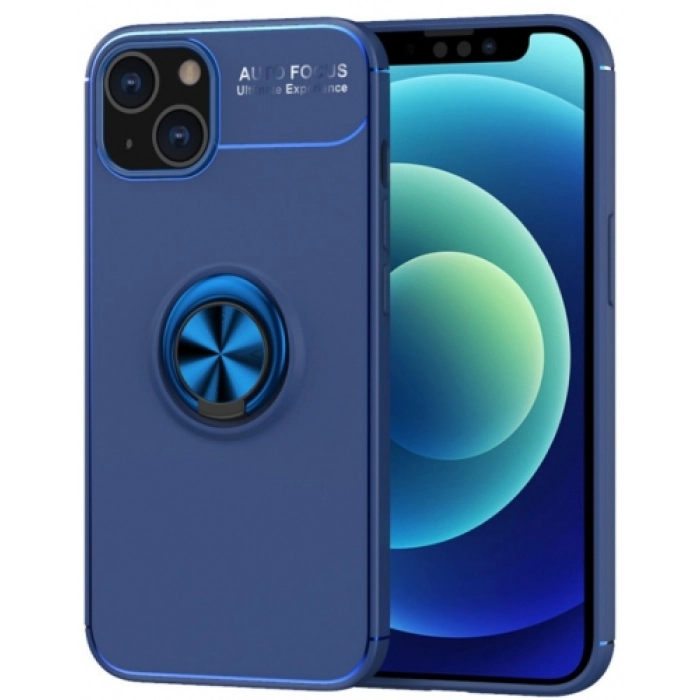 Apple iPhone 13 (6.1) Kılıf Renkli Silikon Yüzüklü Standlı Auto Focus Ravel Kapak - Mavi