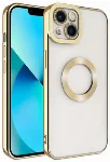 Apple iPhone 13 (6.1) Kılıf Kamera Korumalı Silikon Logo Açık Omega Kapak - Gold
