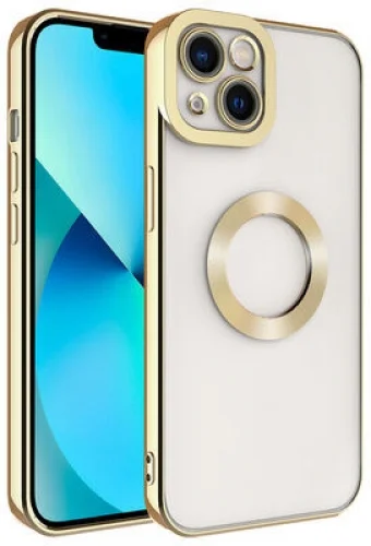 Apple iPhone 13 (6.1) Kılıf Kamera Korumalı Silikon Logo Açık Omega Kapak - Gold