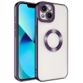 Apple iPhone 13 (6.1) Kılıf Kamera Lens Korumalı Şeffaf Renkli Logo Gösteren Parlak Kapak - Koyu Mor