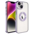 Apple iPhone 13 (6.1) Kılıf Kamera Lens Korumalı Şeffaf Renkli Logo Gösteren Parlak Kapak - Lila