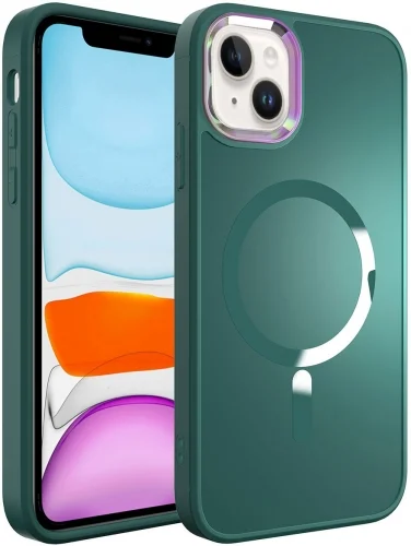 Apple iPhone 13 (6.1) Kılıf Magsafe Wireless Şarj Özellikli Stil Kapak - Koyu Yeşil