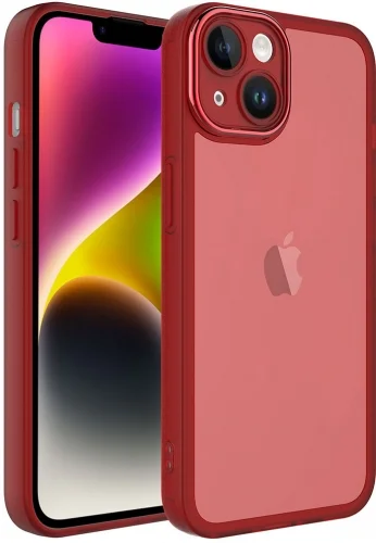 Apple iPhone 13 (6.1) Kılıf Şeffaf Esnek Silikon Kenarları Buzlu Kamera Korumalı Post Kapak - Kırmızı