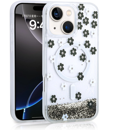 Apple iPhone 13 (6.1) Kılıf Sıvılı Simli Baskılı Şeffaf Arka Yüzey Zore Mossa Silikon Kapak - Siyah