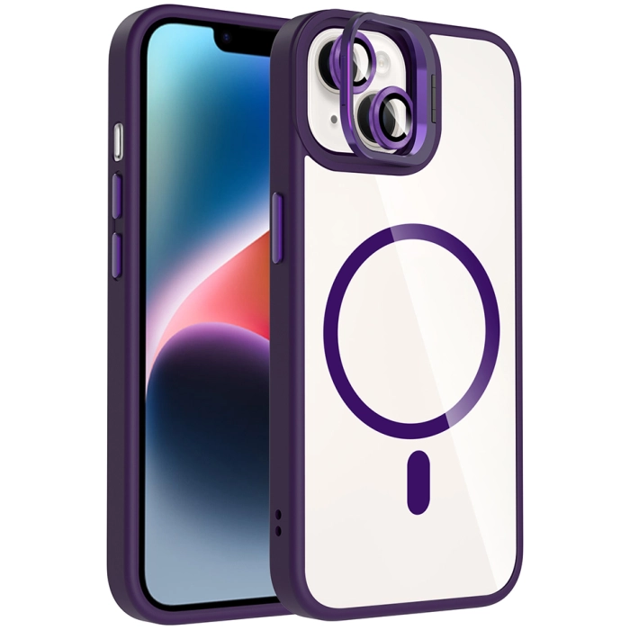 Apple iPhone 13 Mini (5.4) Kılıf Standlı ve Kamera Lens Hediyeli M-Safe Şarj Özellikli Etro Kapak - Derin Mor