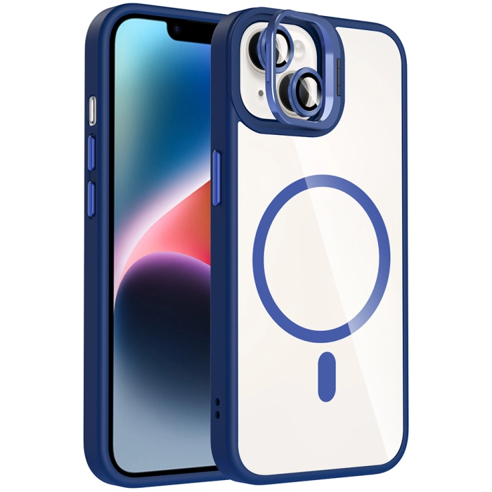 Apple iPhone 13 Mini (5.4) Kılıf Standlı ve Kamera Lens Hediyeli M-Safe Şarj Özellikli Etro Kapak - Lacivert