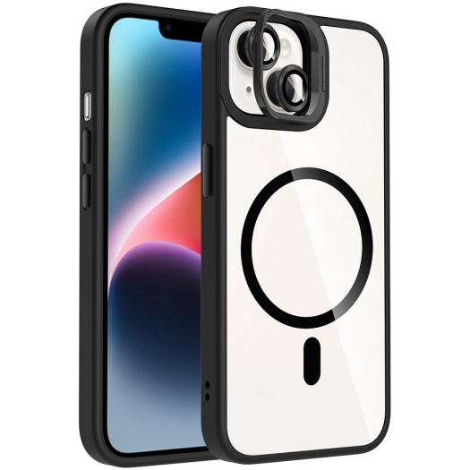 Apple iPhone 13 Mini (5.4) Kılıf Standlı ve Kamera Lens Hediyeli M-Safe Şarj Özellikli Etro Kapak - Siyah