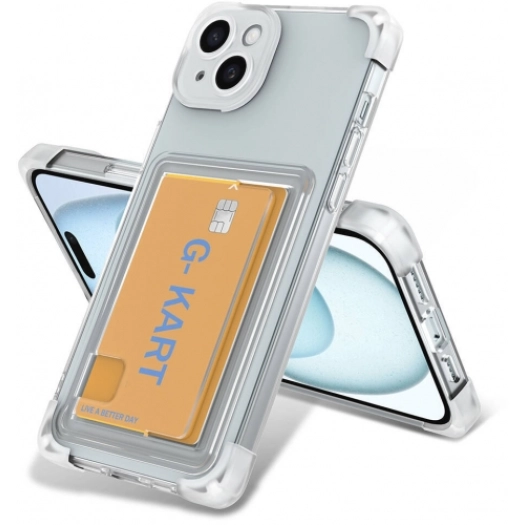 Apple iPhone 13 (6.1) Kılıf Airbag Tasarımlı Şeffaf Kartlıklı G-Kart Kapak - Şeffaf