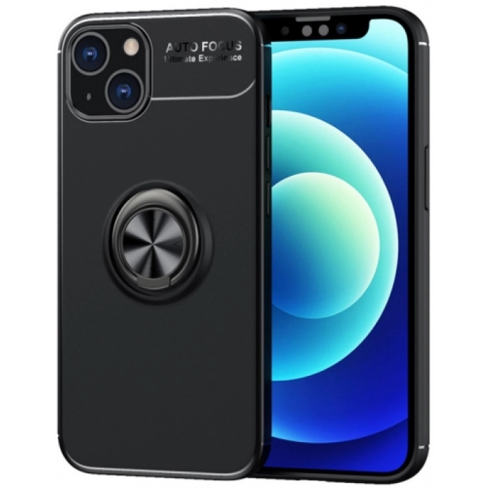 Apple iPhone 13 Mini (5.4) Kılıf Renkli Silikon Yüzüklü Standlı Auto Focus Ravel Kapak - Siyah