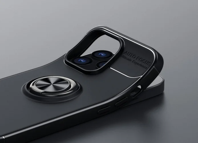 Apple iPhone 13 Pro (6.1) Kılıf Auto Focus Serisi Soft Premium Standlı Yüzüklü Kapak - Mavi Siyah