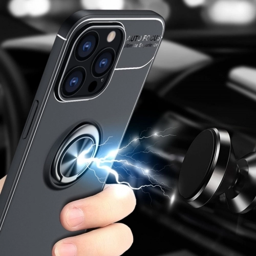 Apple iPhone 13 Pro (6.1) Kılıf Renkli Silikon Yüzüklü Standlı Auto Focus Ravel Kapak - Mavi - Siyah