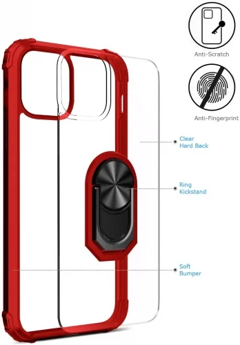 Apple iPhone 13 Pro (6.1) Kılıf Standlı Arkası Şeffaf Kenarları Airbag Kapak - Kırmızı