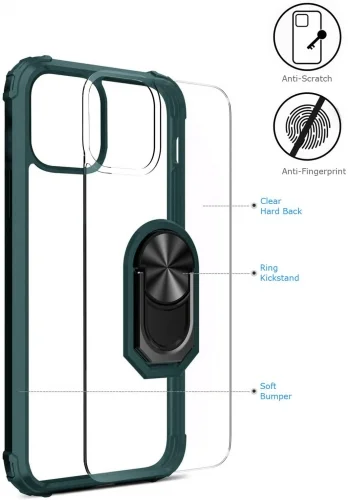 Apple iPhone 13 Pro (6.1) Kılıf Standlı Arkası Şeffaf Kenarları Airbag Kapak - Yeşil