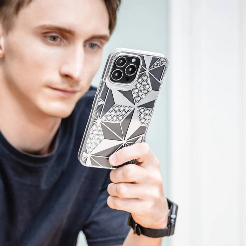 Apple iPhone 13 Pro Çift IMD Baskılı Switcheasy Artist Asanoha Kapak - Şeffaf