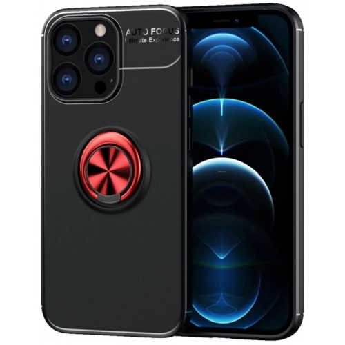 Apple iPhone 13 Pro Max (6.7) Kılıf Renkli Silikon Yüzüklü Standlı Auto Focus Ravel Kapak - Kırmızı - Siyah