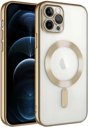 Apple iPhone 13 Pro Max (6.7) Kılıf Kamera Korumalı Şeffaf Magsafe Wireless Şarj Özellikli Demre Kapak - Gold
