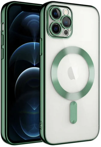 Apple iPhone 13 Pro Max (6.7) Kılıf Kamera Korumalı Şeffaf Magsafe Wireless Şarj Özellikli Demre Kapak - Koyu Yeşil