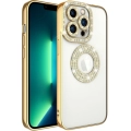 Apple iPhone 13 Pro Max (6.7) Kılıf Renkli Taşlı Şeffaf Lens Korumalı Kapak TPU - Gold
