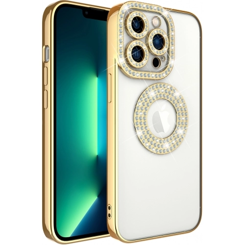Apple iPhone 13 Pro Max (6.7) Kılıf Renkli Taşlı Şeffaf Lens Korumalı Kapak TPU - Gold