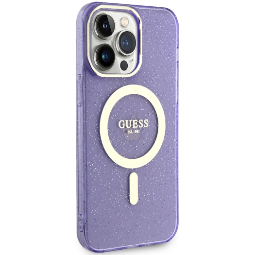Apple iPhone 13 Pro Max Kılıf GUESS Magsafe Şarj Özellikli Glitter Kapak - Mor
