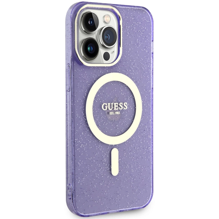 Apple iPhone 13 Pro Max Kılıf GUESS Magsafe Şarj Özellikli Glitter Kapak - Mor