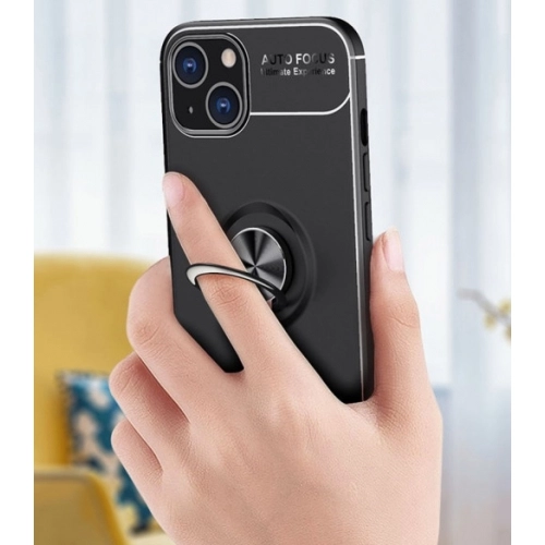 Apple iPhone 14 (6.1) Kılıf Renkli Silikon Yüzüklü Standlı Auto Focus Ravel Kapak - Mavi - Siyah