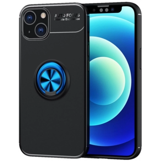 Apple iPhone 14 (6.1) Kılıf Renkli Silikon Yüzüklü Standlı Auto Focus Ravel Kapak - Mavi - Siyah