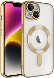 Apple iPhone 14 (6.1) Kılıf Kamera Korumalı Şeffaf Magsafe Wireless Şarj Özellikli Demre Kapak - Gold