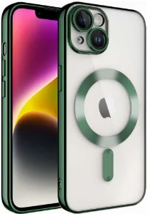 Apple iPhone 14 (6.1) Kılıf Kamera Korumalı Şeffaf Magsafe Wireless Şarj Özellikli Demre Kapak - Koyu Yeşil