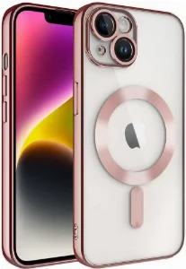 Apple iPhone 14 (6.1) Kılıf Kamera Korumalı Şeffaf Magsafe Wireless Şarj Özellikli Demre Kapak - Rose Gold