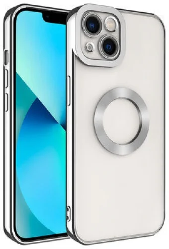 Apple iPhone 14 (6.1) Kılıf Kamera Korumalı Silikon Logo Açık Omega Kapak - Gümüş
