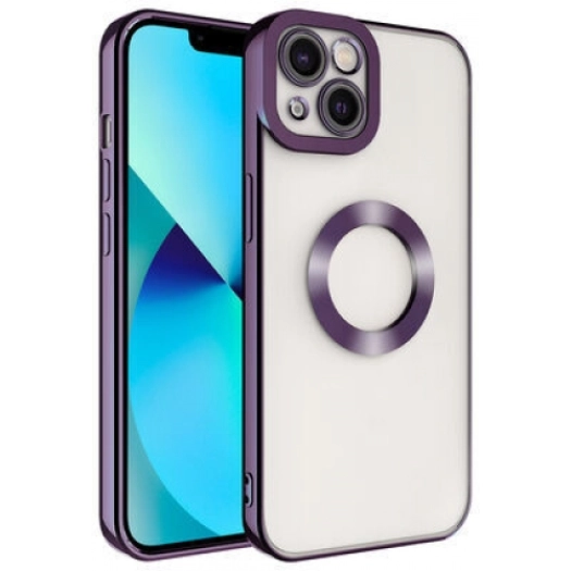 Apple iPhone 14 (6.1) Kılıf Kamera Lens Korumalı Şeffaf Renkli Logo Gösteren Parlak Kapak - Koyu Mor