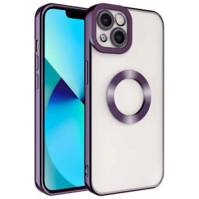 Apple iPhone 14 (6.1) Kılıf Kamera Lens Korumalı Şeffaf Renkli Logo Gösteren Parlak Kapak - Koyu Mor