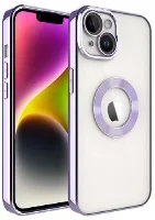 Apple iPhone 14 (6.1) Kılıf Kamera Lens Korumalı Şeffaf Renkli Logo Gösteren Parlak Kapak - Lila