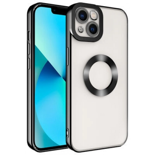Apple iPhone 14 (6.1) Kılıf Kamera Lens Korumalı Şeffaf Renkli Logo Gösteren Parlak Kapak - Siyah