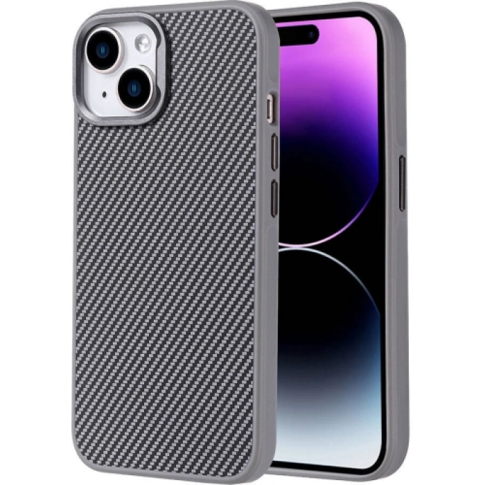 Apple iPhone 14 (6.1) Kılıf Magsafe Şarj Özellikli Karbon Fiber Görünümlü TPU Zore Troy Kapak - Gümüş