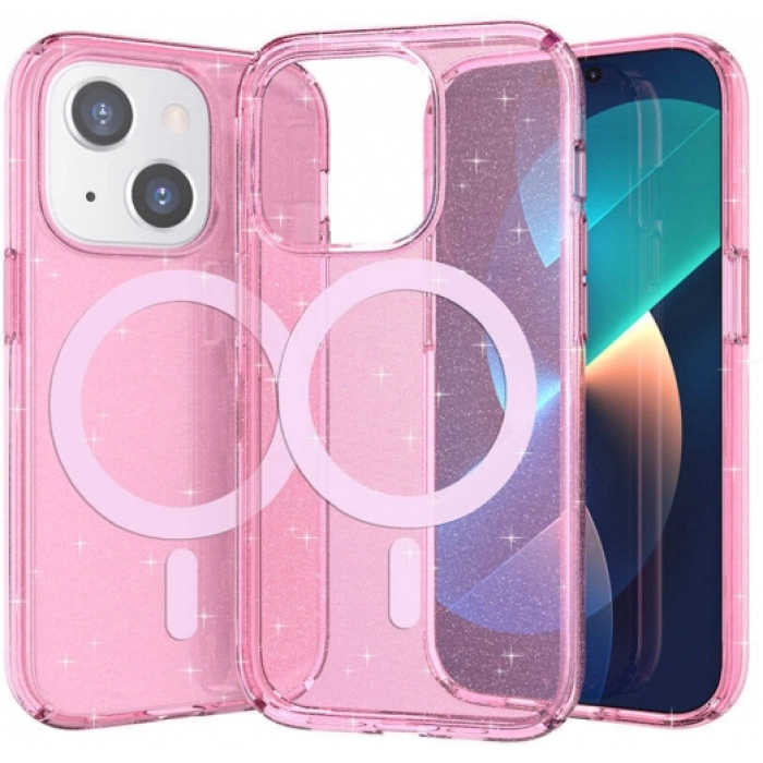 Apple iPhone 14 (6.1) Kılıf Magsafe Şarj Özellikli Parlayan Simli Saydam Renkli Allstar Kapak - Pembe