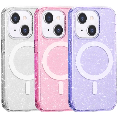 Apple iPhone 14 (6.1) Kılıf Magsafe Şarj Özellikli Parlayan Simli Saydam Renkli Allstar Kapak - Pembe