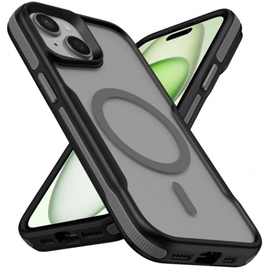 Apple iPhone 14 (6.1) Kılıf Magsafe Şarj Özellikli Renkli Kenar Airbag Şeritli Lamer TPU MagSafe Kapak - Gri