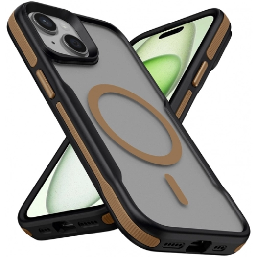 Apple iPhone 14 (6.1) Kılıf Magsafe Şarj Özellikli Renkli Kenar Airbag Şeritli Lamer TPU MagSafe Kapak - Titanyum-Gold