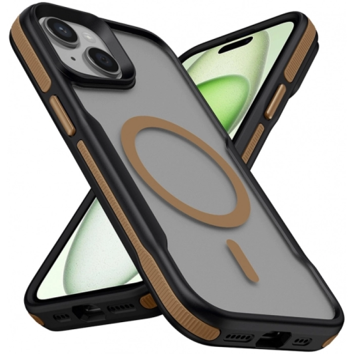 Apple iPhone 14 (6.1) Kılıf Magsafe Şarj Özellikli Renkli Kenar Airbag Şeritli Lamer TPU MagSafe Kapak - Titanyum-Gold