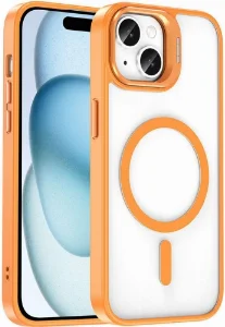 Apple iPhone 14 (6.1) Kılıf Magsafe Wireless Şarj Özellikli Standlı Magsafe Klon Lensli Kapak - Turuncu
