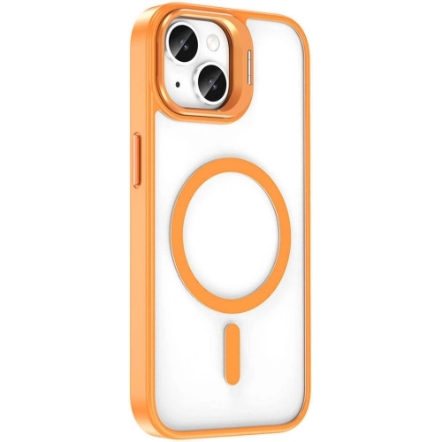 Apple iPhone 14 (6.1) Kılıf Magsafe Wireless Şarj Özellikli Standlı Magsafe Klon Lensli Kapak - Turuncu