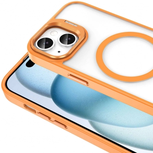 Apple iPhone 14 (6.1) Kılıf Magsafe Wireless Şarj Özellikli Standlı Magsafe Klon Lensli Kapak - Turuncu