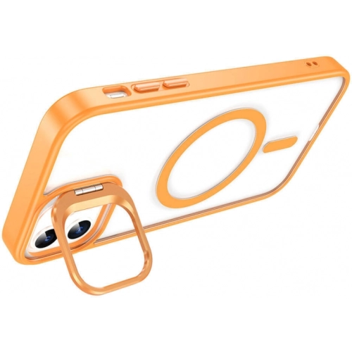 Apple iPhone 14 (6.1) Kılıf Magsafe Wireless Şarj Özellikli Standlı Magsafe Klon Lensli Kapak - Turuncu