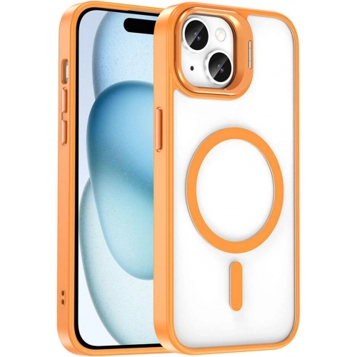 Apple iPhone 14 (6.1) Kılıf Magsafe Wireless Şarj Özellikli Standlı Magsafe Klon Lensli Kapak - Turuncu