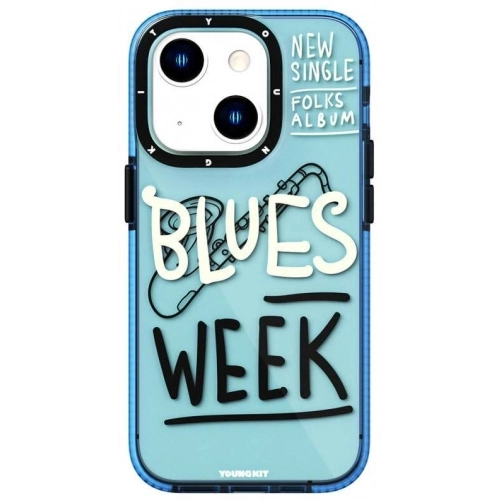 Apple iPhone 14 (6.1) Kılıf Şeffaf Renkli Yazı Temalı Tasarım YoungKit Jazz Serisi Kapak - Mavi