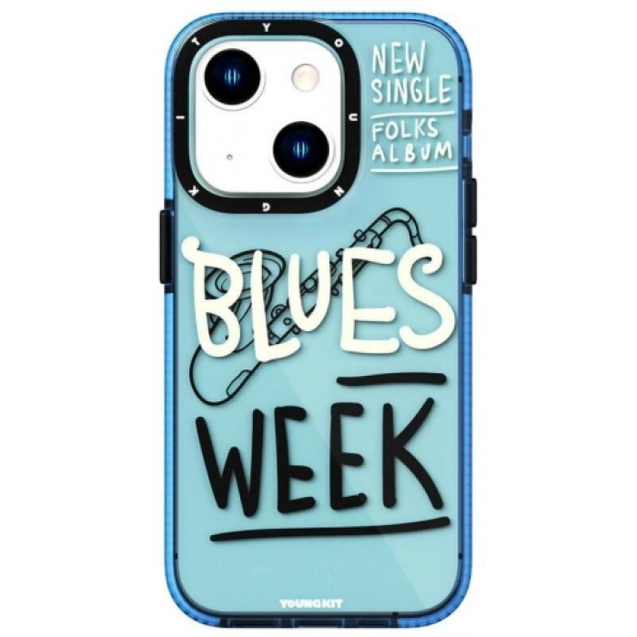 Apple iPhone 14 (6.1) Kılıf Şeffaf Renkli Yazı Temalı Tasarım YoungKit Jazz Serisi Kapak - Mavi