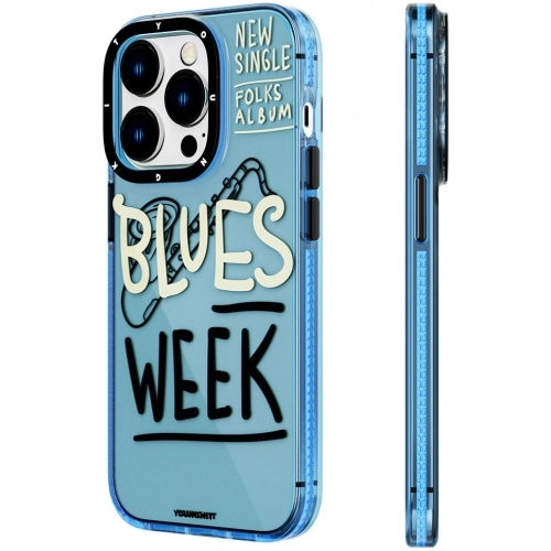 Apple iPhone 14 (6.1) Kılıf Şeffaf Renkli Yazı Temalı Tasarım YoungKit Jazz Serisi Kapak - Mavi